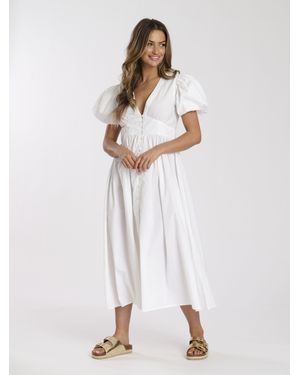 South Beach Puff Sleeve Button Detail Midi Dress - White
