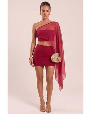 Rebellious Fashion Nelda Mesh One Shoulder Top & Mini Skirt Co-Ord Set - Red