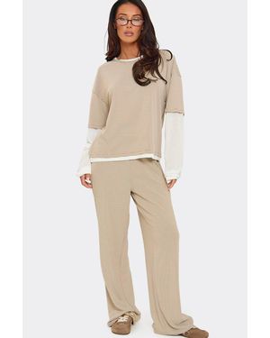 EGO Wide Leg Striped Mid Rise Joggers - Natural