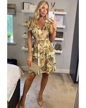 CY Baroque Chain Print V-Neck Skater Mini Dress - Natural