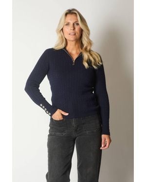 Solo Cable Knit Quarter-Zip Jumper With Button Cuff Detail - Blue