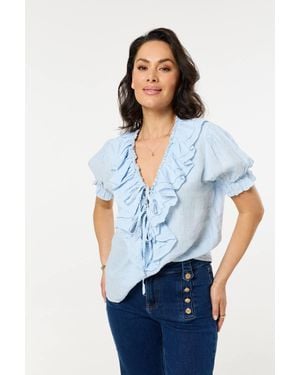 Liquorish Ruffle Tie Front Linen Blouse - White