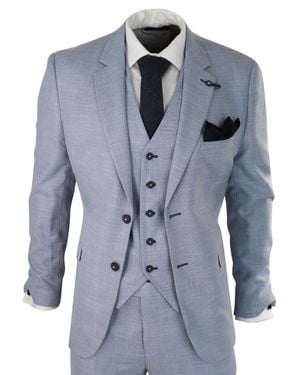 Infinity Leather 3 Piece Linen Suit Summer Tailored Fit Wedding Prom Classic Suit - Blue