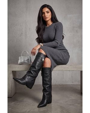 Miss Diva Oona Pointed Toe Padlock Detail Fold Over Knee High Pu Boots - Grey