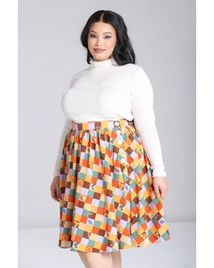 Hell Bunny Autumn Check Printed Midi Skirt Nature Motifs Flared Design - White
