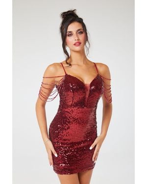 LuvForever Fashion Jewelled Shoulder Sequin Mini Dress - Red