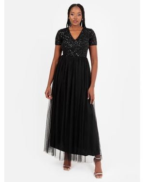 Maya Deluxe Short Sleeve V Neck Embellished Maxi Dress - Black