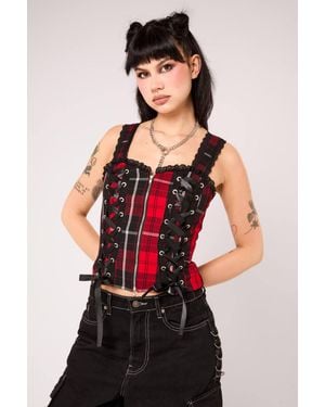 Hell Bunny Quinzel Tartan Lace Up Sweetheart Corset Style Top - Red