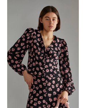 Shnoo V-Neck Button Front Blouse - Black