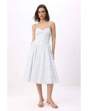 WOVCOR Floral Print Sweetheart Neckline Midi Corset Detail Dress - White
