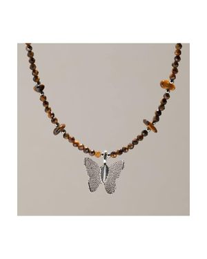 KDMD Nymph Tiger's Eye Gemstone Necklace Real Leaf Butterfly Pendant - Natural