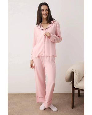 WOVCOR Strawberry Embroidered Scallop Trim Long Sleeve Pyjama Set - Pink