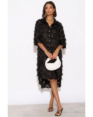 CY Feather Look & Star Pattern Shirt Dress - Black