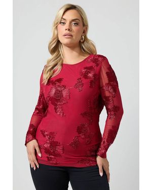 Yours Monochrome Floral Mesh Top - Red