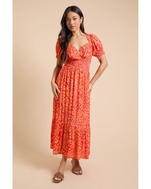 Dorothy Perkins Petite Shirred Waist Tiered Hem Midi Dress - Orange