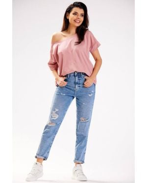 Love Lace Loose T-Shirt Deep Boat Neck One Shoulder Poland - Blue