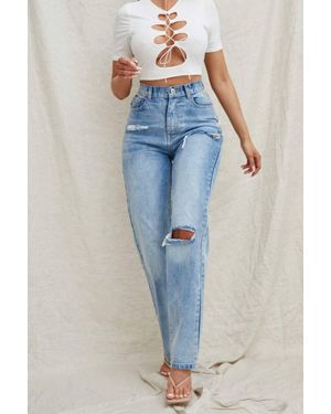 Femme Luxe Light Wash High Waisted Ripped Straight Leg Jeans - Blue