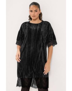 Yours Crushed Velvet Lace Dress - Black
