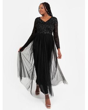 Maya Deluxe V Neck Embellished Long Sleeve Maxi Dress - Black