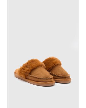 Dorothy Perkins Daisy Faux Fur Lined Faux Suede Stitch Detail Mule Slippers - Brown