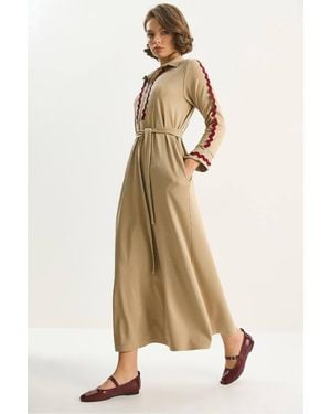 Bianco Lucci Buttoned A-Form Fit Midi Dress With Binding Detail - Natural