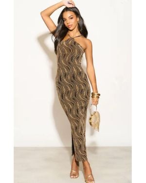 CY High-Neck Sleeveless Metallic-Knit With Pattern Print Maxi Dress - Natural