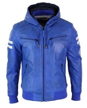 TruClothing Hood Leather Bomber Jacket - Blue