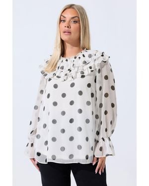 Yours Polka Dot Frill Neck Blouse - White