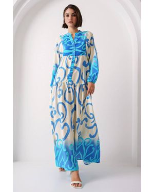 Bigdart Abstract V-Neck Maxi Dress With Button Closure - Blue