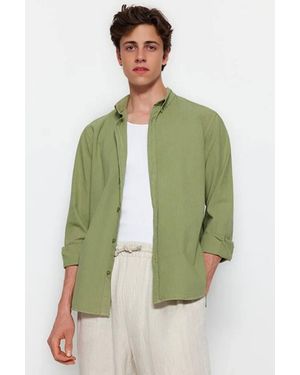 WOVCOR Cotton Linen-Look Long Sleeve Button-Up Shirt - Green