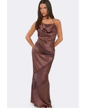 EGO Lace Trim Contrast Satin Mid Rise Maxi Skirt - Red