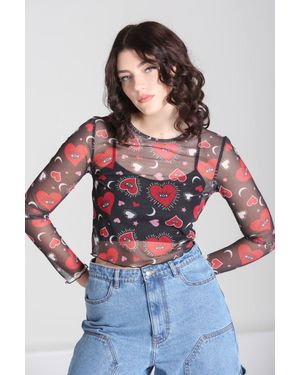 Hell Bunny Kate Heart & Star Print Mesh Top With Lettuce Hem & Cuff Detail - Red