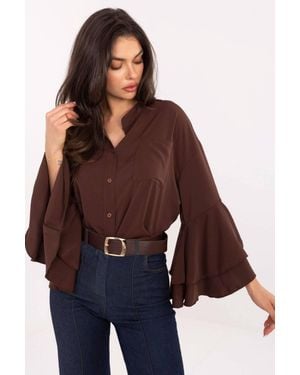 Love Lace Long Sleeve Stand Collar Ruffle Pocket Shirt - Brown