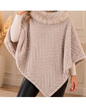 Love EMVY Soft Faux Fur Collar Poncho Chevron Cape - Natural