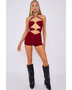 Stylewise Spring Coil Cut Out Halter Neck Playsuit - Red