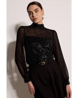 Apricot Sequin Embellished Chiffon Top - Black