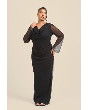 FASHION-SZN Curve Cowl Neck Long Sleeve Mesh Maxi Dress - Black