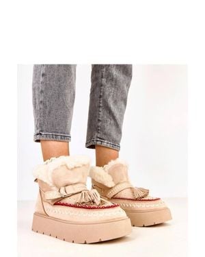 KDMD Suede Fur Lined Slip On Snow Boots With Decorative Fringes - Natural