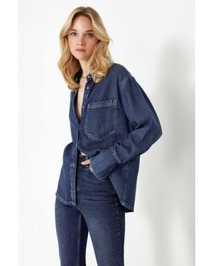 WOVCOR Oversize Long Sleeve Collared Denim Shirt - Blue