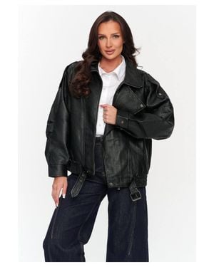 Love Lace Oversized Collared Leather Jacket With Belt - Black