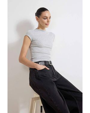 WOVCOR Striped Fitted High Neck Short Sleeve Soft Knit Blouse - Grey