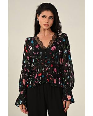 Rose & Nancy Juliette--Floral-Lace-Trim-Blouse - Black