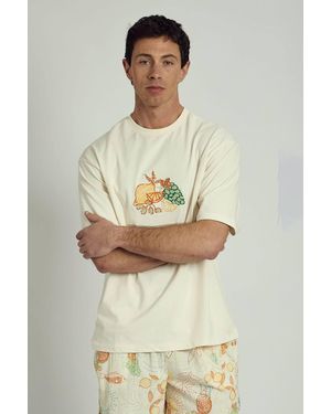 Native Youth Cotton Tropical Fruit Embroidered Graphic Print Short Sleeve T-Shirt - White