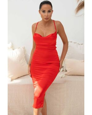 Femme Luxe Satin Strappy Tie Detail Bodycon Midi Dress - Red