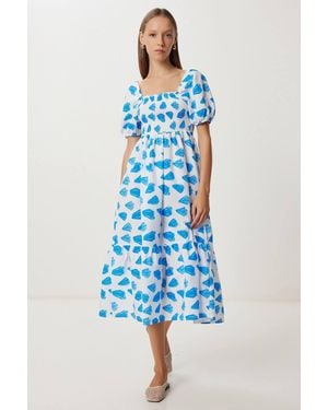 Happiness İstanbul Frilly Abstract Print A-Line Midi Dress With Square Collar - Blue