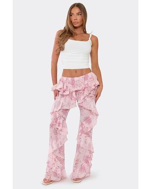 EGO Wide Leg Frill Trim Abstract Print Mid Rise Trousers - Red