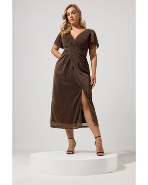 Yours Metallic Wrap Dress - Brown