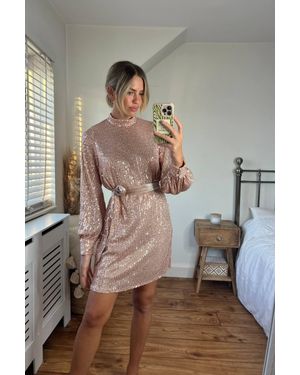 Style Cheat Hannah Sequin High Neck Mini Occasion Dress - Brown