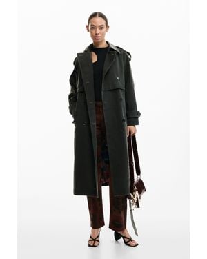 Desigual Trench Coat Effetto Scamosciato, Donna, Poliuretano, Nero