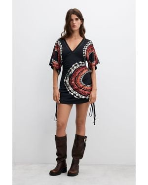 Desigual Robe Courte Froncée Vintage, Femme, Coton, Noir